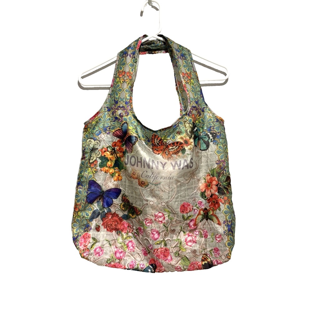 Johnny Was Shopping Tote Bag Multi Butterfly Floral Nylon Foldable Pouch NEW